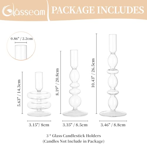 Glasseam Glass Candle Stick Holder: Clear Taper Candle Holders Set of 3, Modern Candlestick Holders for Taper Candles, Dec...