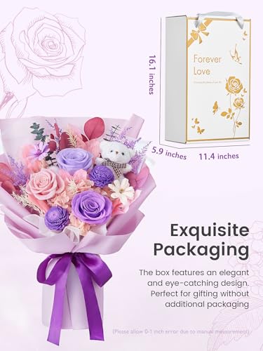 Polylove Preserved Flowers for Delivery Prime Forever Flowers Bouquet with Bear Flower Gift for Wife Women Birthday Mother...