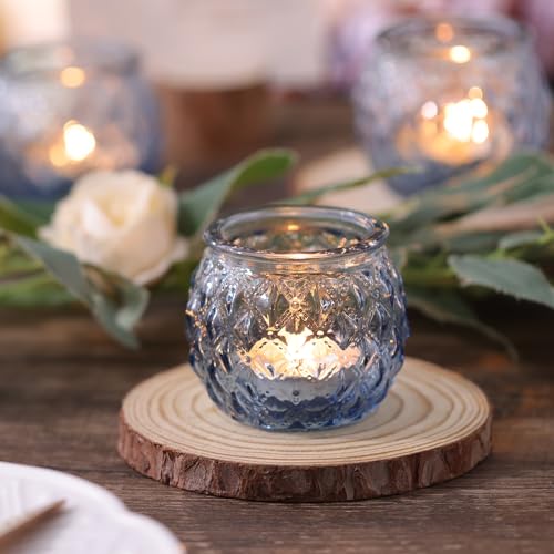 Generic DARJEN 12Pcs Blue Votive Candle Holders - Round Glass Candle Holders Bulk for Tea Light Candle, Diamond Texture Ca...