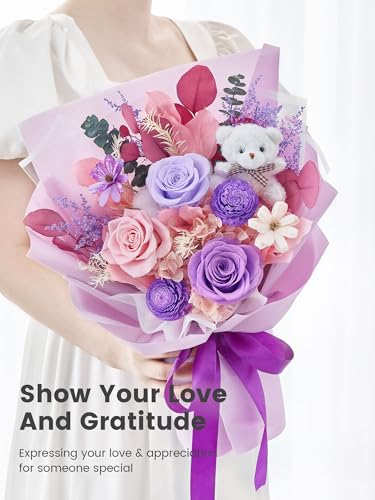 Polylove Preserved Flowers for Delivery Prime Forever Flowers Bouquet with Bear Flower Gift for Wife Women Birthday Mother...