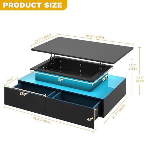 DWVO LED Lift Top Coffee Tables for Living Room, Rectangular Coffee Table with 4 Spacious Drawers, Modern Center Table wit...