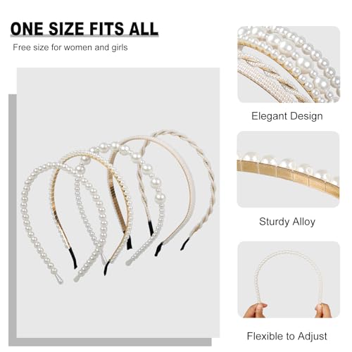 WOVOWOVO 5 Pcs Pearl Headbands for Women Non Slip White Pearl Hairbands Fashion Bridal Headband for Wedding Party Pearls H...