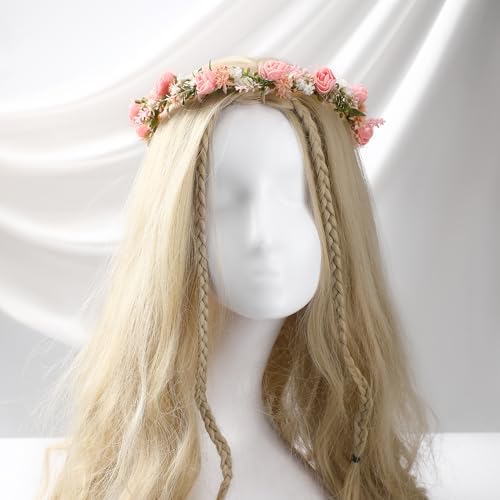 KorViSHOW Women's Pink Flower Headband - Girl Flower Headpiece Romantic Bohemian Lace Foam Headband for Wedding Decoration...