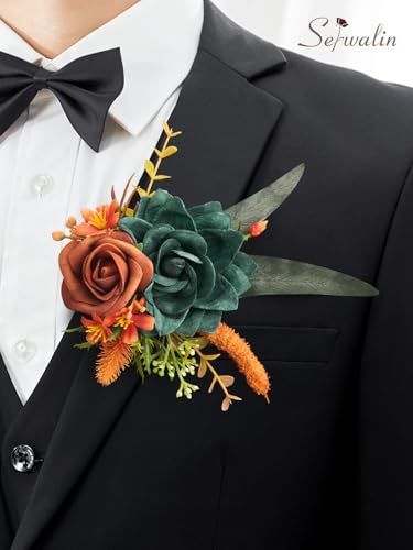Serwalin 2 Pcs Boutonniere, 6-7 Inch Teal Orange Corsage for Wedding, Boutonniere for Men Groom and Best Man Prom Ceremony...