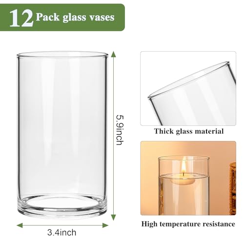 Clear Glass Cylinder Vases for Centerpieces,12pcs 6 inch Glass Candle Cylinders Bulk,Thick Bud Flower Vase & Floating Cand...