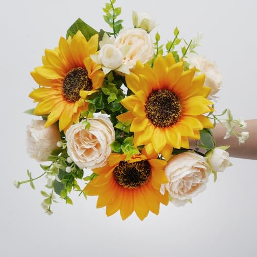 HO2NLE Peonies Artificial Flowers, 5 Pcs Fake Flowers Sunflowers Small Silk Flowers Faux Florals Arrangements Fake Bouquet...