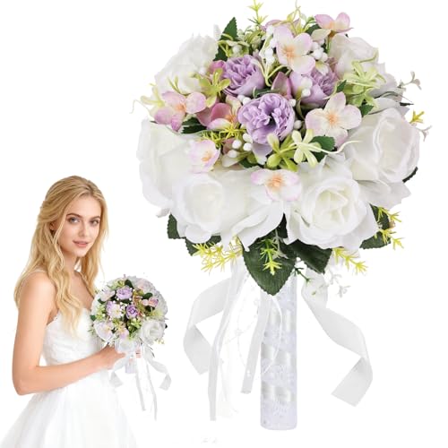 Qeedy Wedding Bouquet for Bride – 8 Inch Artificial Silk Roses, Realistic Bridal & Bridesmaid Bouquet for Ceremony, Churc...