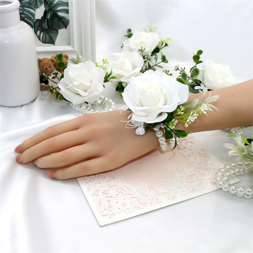 Meldel White Ivory Rose Wrist Corsage Boutonniere for Men Wedding Wrist Flower Corsage Hand Flower for Bride Bridesmaid Pr...