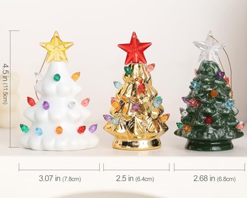 B SEPOR Set of 3 Mini 4.5" Inch Nostalgic LED Ceramic Christmas Tree with Lights Xmas Tree That Light Up Hanging Ornaments...