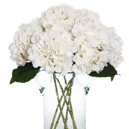 Kimura's Cabin 6pcs Faux White Hydrangeas Fake Flowers Artificial Silk Hydrangea Flower With Stems Bouquets Arrangement fo...