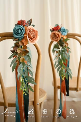 Ling's moment 8pcs Wedding Artificial Aisle Pew Flowers Chair Decorations Arrangements with Chiffon Ribbons Burnt Orange f...