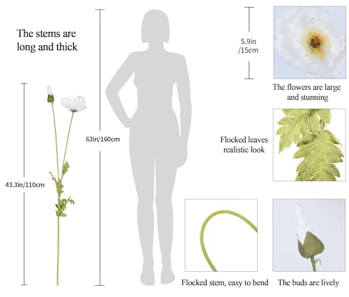 IPOPU 43.3" White Poppy Flowers Artificial Flowers 6pcs Fake Silk Poppies Long Stem Artificial Flowers for Tall Vase for W...