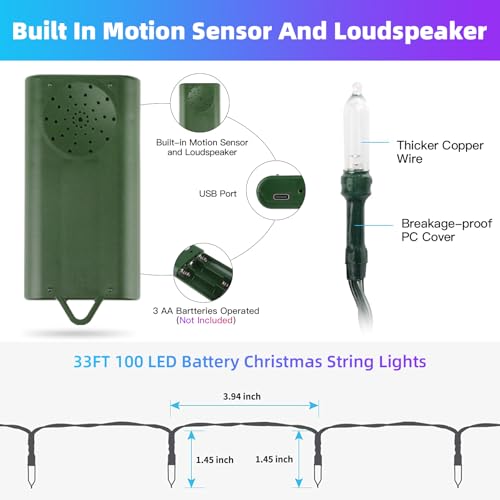Green Convenience 33ft 100 LED String Lights,Battery Christmas Music Light Waterproof,Motion Sensor Christmas Lights with ...