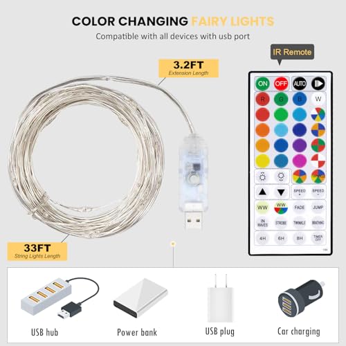 Fairy Lights USB Plug in 33ft 100LEDs with Remote, Warm White 20 Color Changing Light Twinkle Firefly String Lights for Be...