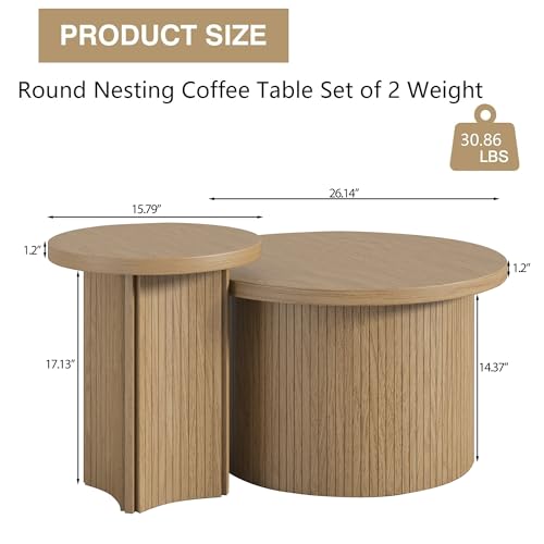 Mxtxmy Set of 2 Nesting Coffee Tables Farmhouse,Round Coffee Table Living Room,Wood Finish Coffee Table Set, Small Coffee ...