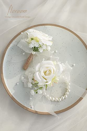 Floroom Ivory Rose Wrist Corsage Bracelet Wristlet Band and Men Boutonniere Set for White Wedding Flower Accessories Prom ...