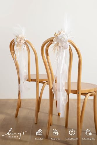 Ling's moment 8pcs Wedding Artificial Aisle Pew Flowers Chair Decorations Arrangements with Chiffon Ribbons Boho White Bei...