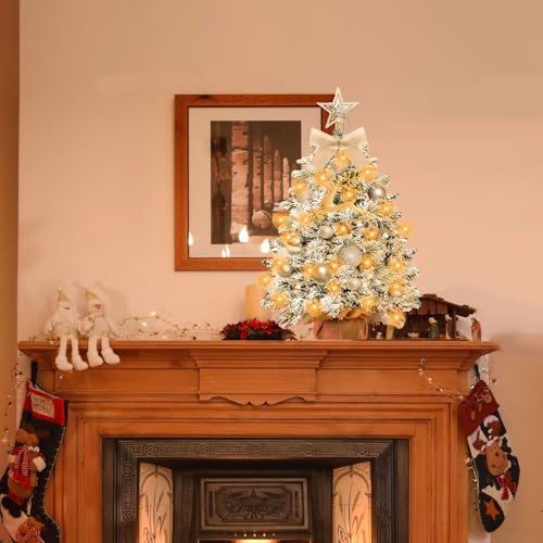 Mini Christmas Tree-with Lights,2ft Small Flocked Christmas Tree with 24pcs DIY Decorations,Small Flocked with LED Lights ...