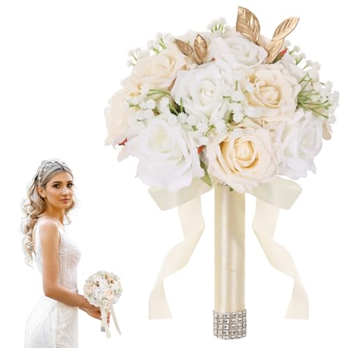 Qeedy Wedding Bouquets for Bride - Realistic Silk Flowers Artificial Roses, 9 Inch Bridesmaid Bouquet for Ceremony, Churc...