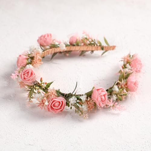 KorViSHOW Women's Pink Flower Headband - Girl Flower Headpiece Romantic Bohemian Lace Foam Headband for Wedding Decoration...