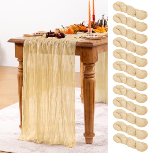 DeZerlor Champagne Gold Cheesecloth Table Runner 12 Pack Spring Table Runners Boho Gauze 120 Inches Champagne Cheese Cloth...