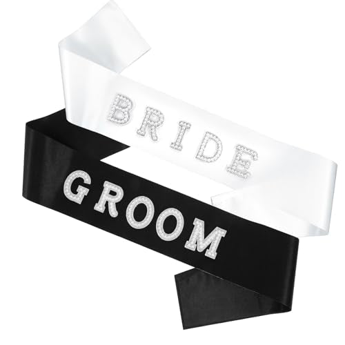 2 Pcs Bride and Groom Sash Set, Pearl Brides and Grooms Sashs Black & White Bachelorette & Bachelor Sashes White BRIDE Sas...