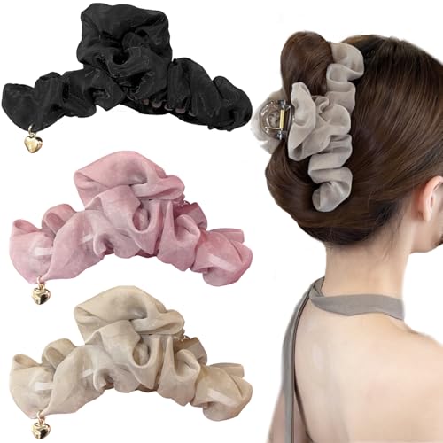 3 PCS Silk Hair Clip for Women Cloud Hair Claw Clips Large Chiffon Pleated Acrylic Jaw Barrettes Fashion High Cranial Cres...