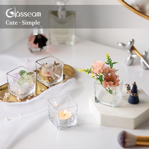 Glasseam Glass Votive Candle Holders: Set of 6 Clear Square Tealight Holder Small Tea Light Holders for Table Centerpiece ...