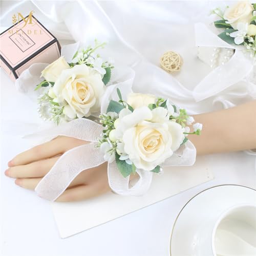 Meldel Champagne Wrist Corsage for Bride Bridesmaid Wedding,Set of 6, Romantic Artificial Rose Pearls Wristband Wrist Flow...