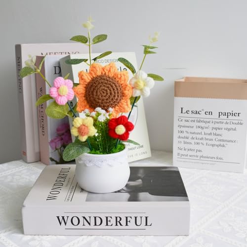 Crochet Flowers Artificial Sunflower Baby's Breath Knitted Eternal Potted Plants,Handmade Crocheted Puff Flowers Potted,Ha...