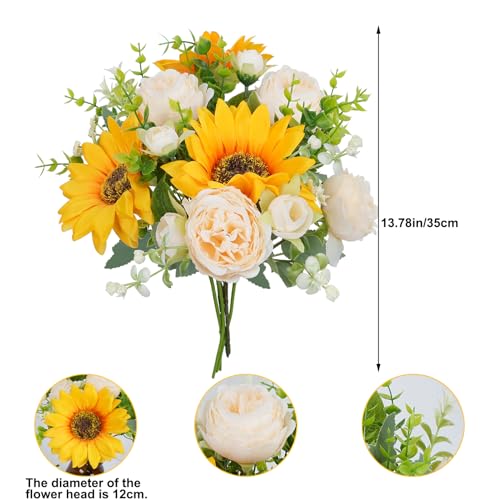 HO2NLE Peonies Artificial Flowers, 5 Pcs Fake Flowers Sunflowers Small Silk Flowers Faux Florals Arrangements Fake Bouquet...