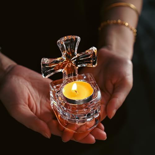 kanpura Clear Glass Cross Candle Holder 4" High Christian Tea Light Holder Cross Crystal Votive Candle Holders for Religio...