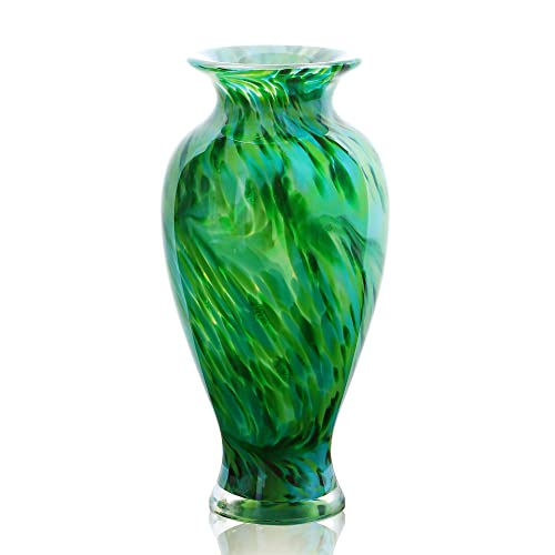 Hand Blown Green Classic Vase for Home Decor, 11.5Inch Glass Flower Vase for Shelf Decor, Living Room Decor, Centerpieces,...