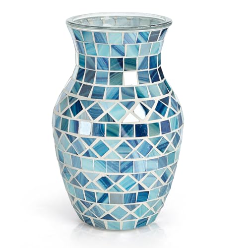 SOUJOY Mosaic Vase, Glass Blue Flower Vases for Centerpieces, Handmade Bud Vase for Wedding Flower Arrangeme, Living Room,...