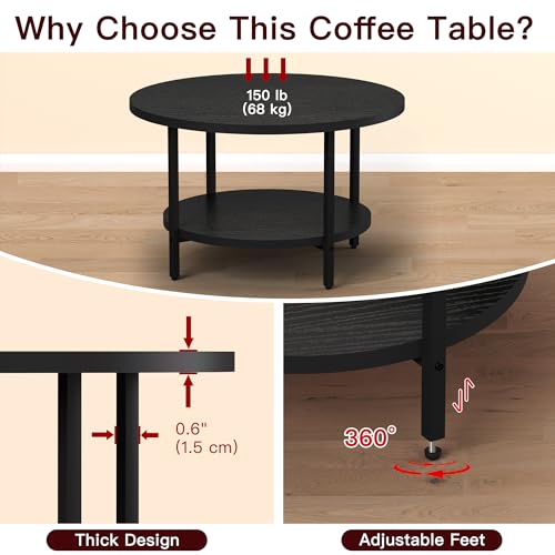 FAMIDGE Coffee Table, 27.6“ Circle Coffee Tables for Living Room, 2 Tier Round Coffee Table with Storage, Wood Accent Cent...