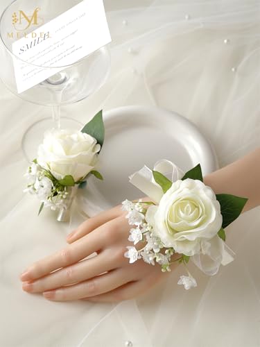 Meldel Wrist Corsage and Boutonniere Set(2pcs), Ivory White Artificial Silk Rose Pearls Bracelets Corsage for Bride, Groom...