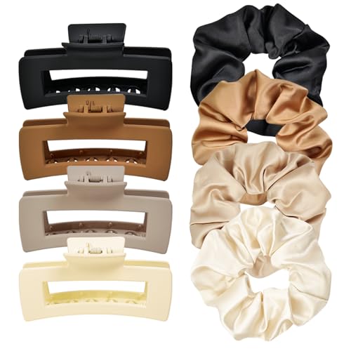 JGQUR 8pcs Hair Clips and Scrunchies Set - 4 Medium Claw Clips for Women, Non-Slip Matte Hair Claws, 4 Large Satin Scrunch...