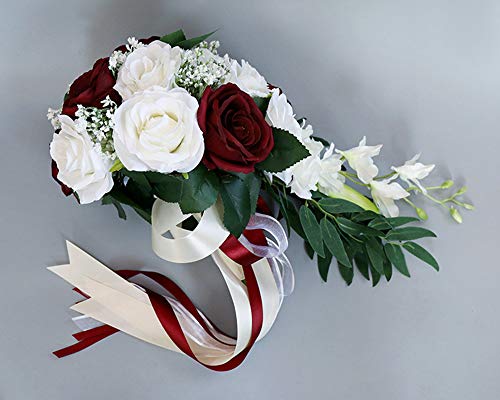 ChezMax Wedding Bridal Bouquet, Bride Artificial Rose Flowers with Ribbons, Bridesmaid Fake Flower Bunch 11.8 Inch, Tossin...
