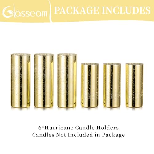 Glasseam Mercury Gold Candle Holders, Set of 6 Glass Hurricane Candle Holder, Glitter Pillar Candle Holder for Table, Mode...
