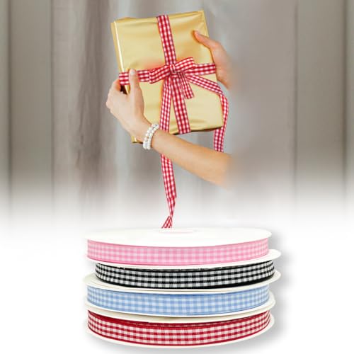 1 Rolls Checker Ribbon, 3/8 Inch x 50 Yards Checkered Ribbon, Woven Edge Check Ribbons, Polyester Woven Edge Ribbons for G...