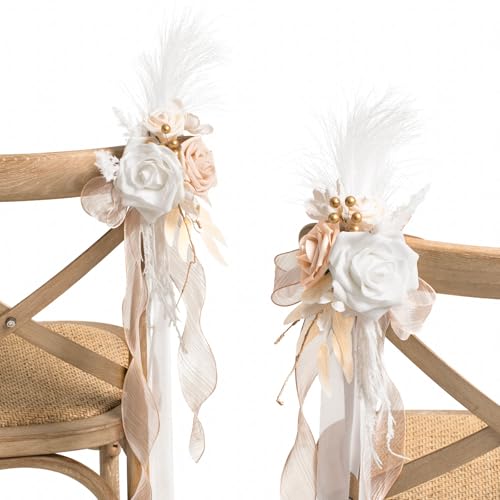 Ling's moment 8pcs Wedding Artificial Aisle Pew Flowers Chair Decorations Arrangements with Chiffon Ribbons Boho White Bei...
