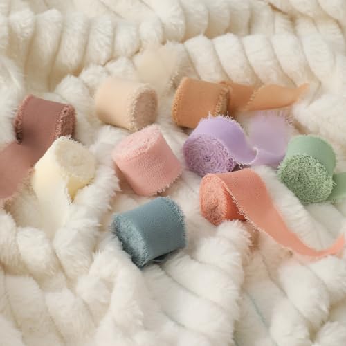 1" x 27 Yd Chiffon Ribbon Mixed Color Ribbons Set 9 Rolls Handmade Fringe Fabric for Wedding Invitations Bridal Bouquets D...