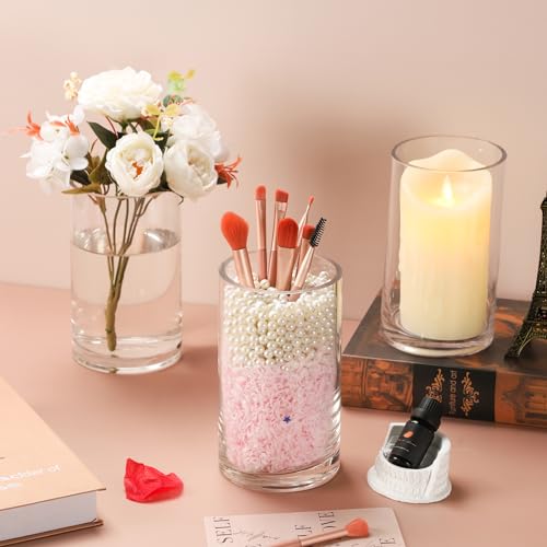 4" Wide 7" High Large Hand Blown Sturdy Clear Cylinder Glass Vase, Centerpiece Flower Vase for Rose, Tulip, Boquets, Hurri...