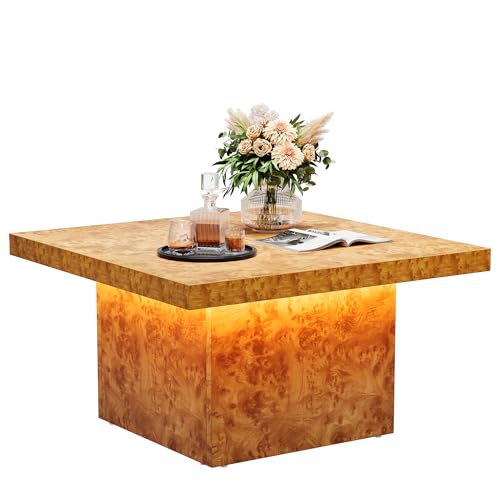 YITAHOME Coffee Table Square LED Coffee Table, Burl Wood Grain Tea Coffee Tables for Living Room/Apartment, Modern Wooden ...