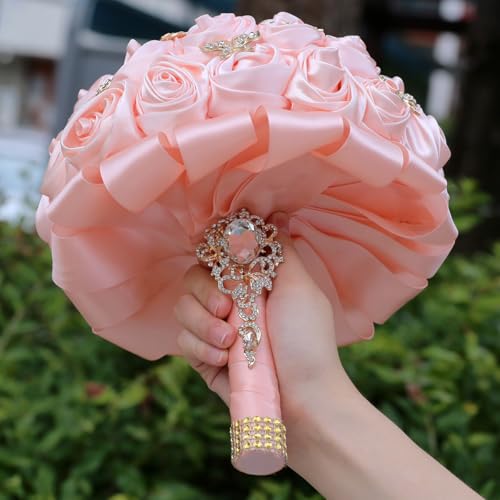 TUAGYMKR Handmade Rhinestone Brooch Satin Bridal Bouquet,7.5inches Crystal Wedding Round Tossing Bouquet, Artificial Flowe...