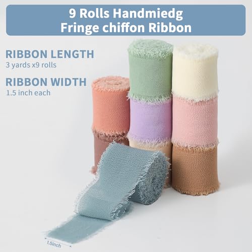 1.5" x 27 Yd Chiffon Ribbon Mixed Color Ribbons Set 9 Rolls Handmade Fringe Fabric for Wedding Invitations Bridal Bouquets...