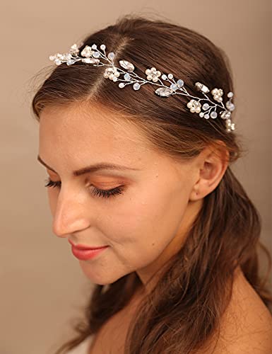 YERTTER Bridal Flower Pearl Headband Wedding Crystal Floral Headband Beads Opal Hair Band Crystal Vine Rhinestone Headband...