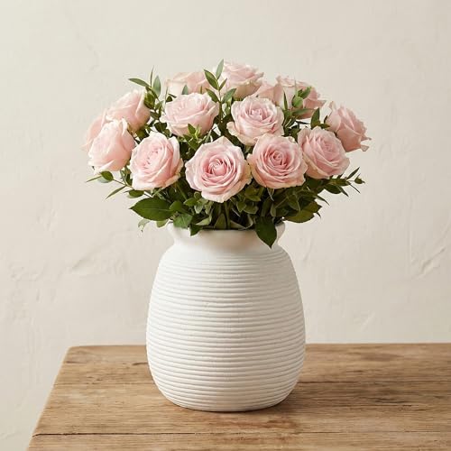 White Ceramic Flower Vase - 7.48 Inch Vintage Farmhouse Wide Mouth Vase Ceramic Vase for Home Decor Living Room Dining Roo...