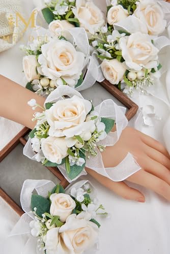 Meldel Champagne Wrist Corsage for Bride Bridesmaid Wedding,Set of 6, Romantic Artificial Rose Pearls Wristband Wrist Flow...