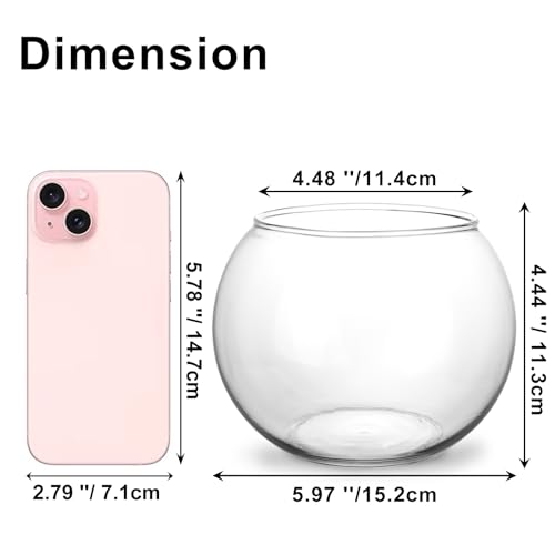 HWASHIN Set of 4 Clear Glass Vases, 6” W x 4.4” H, Round Candle Holders, Bubble Bowl, Flower Vases with Sponge Brush, Deco...